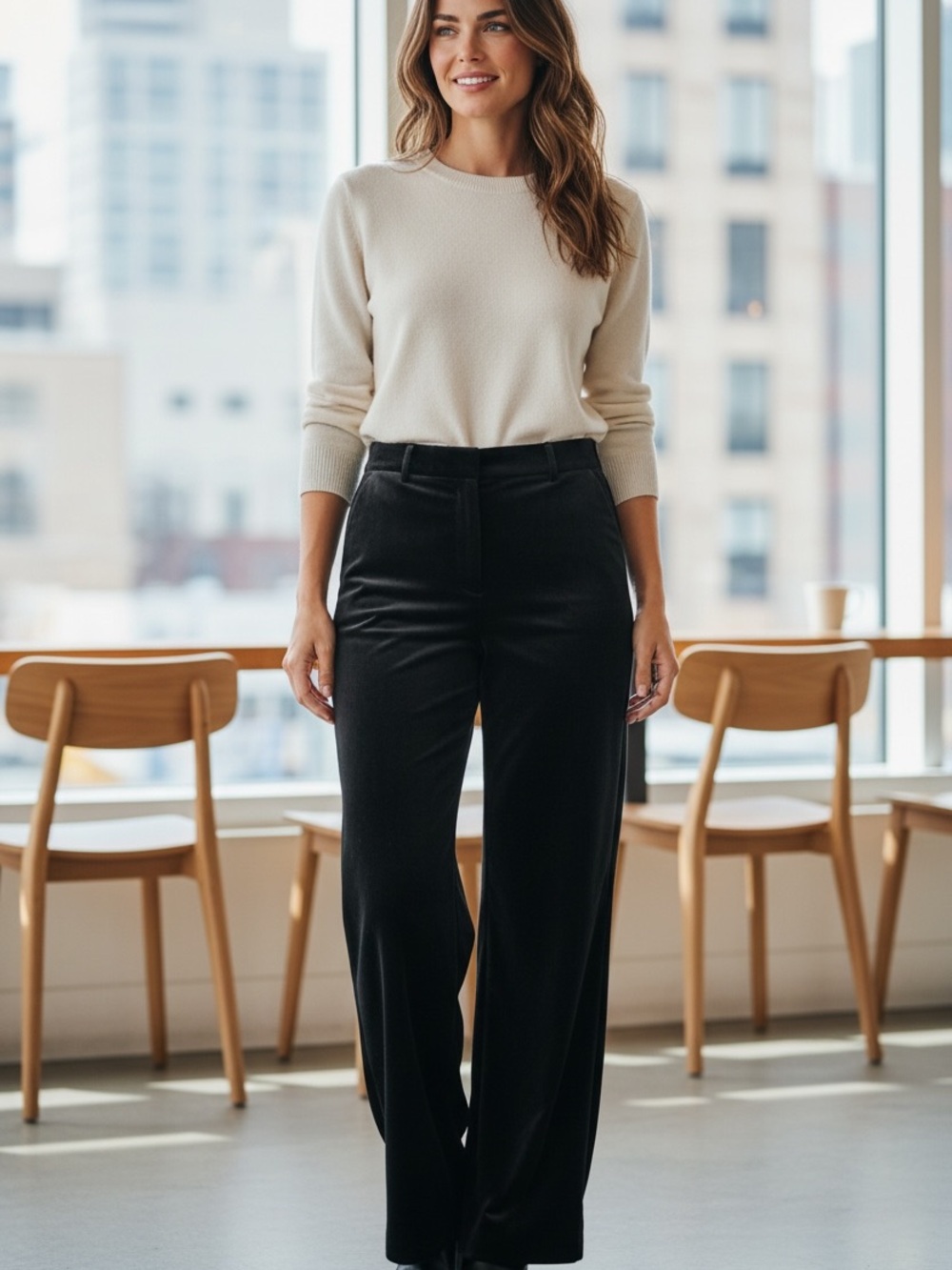 Ella Black “velvet” High-Rise Wide-Leg Trousers